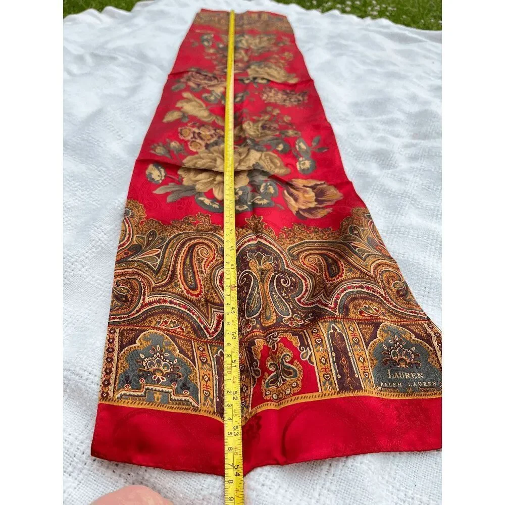 Lauren Ralph Lauren Silk Paisley Floral Scarf Red Equestrian Old Money